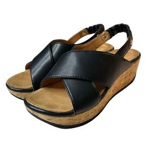 Bussola Women's Wedge Sandal Black Leather Sz 36 (US 5 - 5.5) Cork Slingback